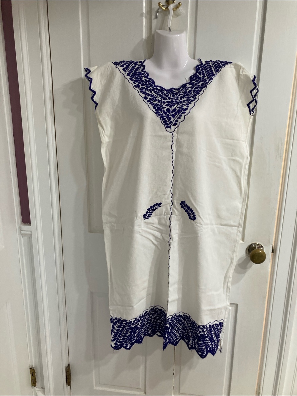 Vintage MexicanWhite Midi Dress with Blue Embroidery